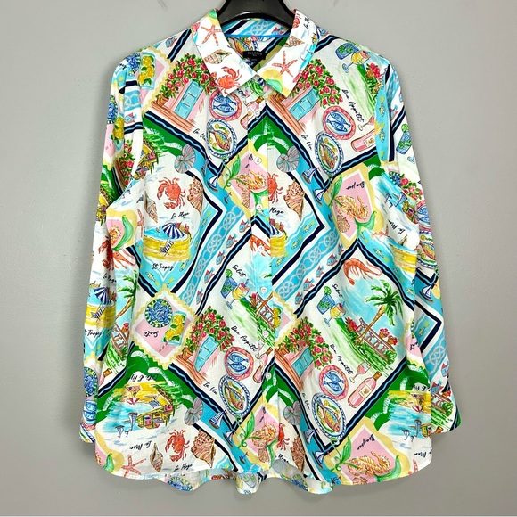 Talbots Modern Classic Cotton Shirt Women’s Size 2X Summer Vista Print Vacation - Picture 2 of 8